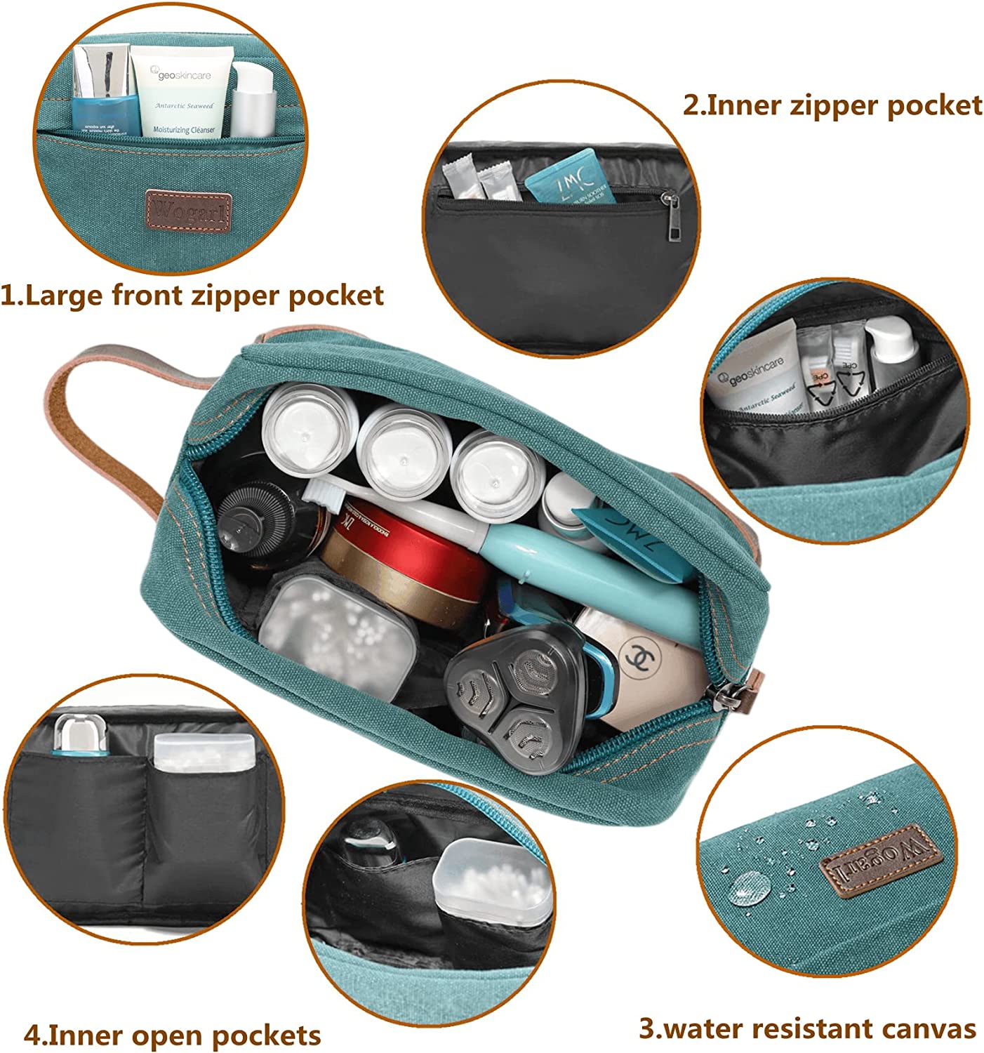 Wogarl Toiletry Bag for Men， Leather and Canvas Travel Toiletry Bag Dopp Kit Shaving Bag for Travel Accessories (Army Green) - Image 5